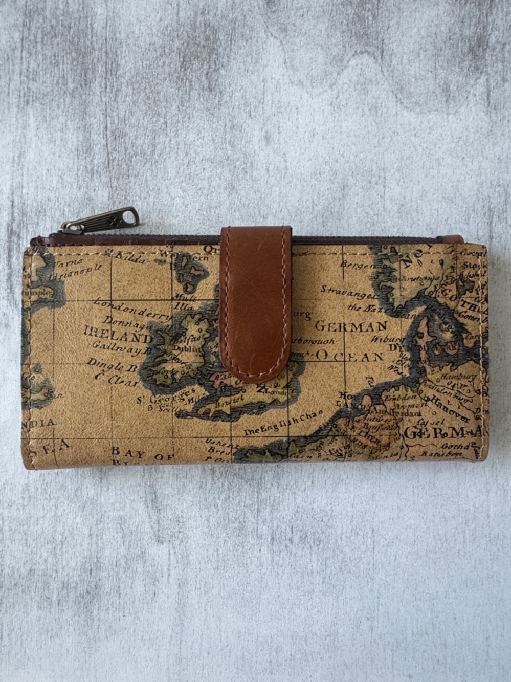 Patricia Nash Nazari Leather Bifold Wallet RFID Protection Brown European Map